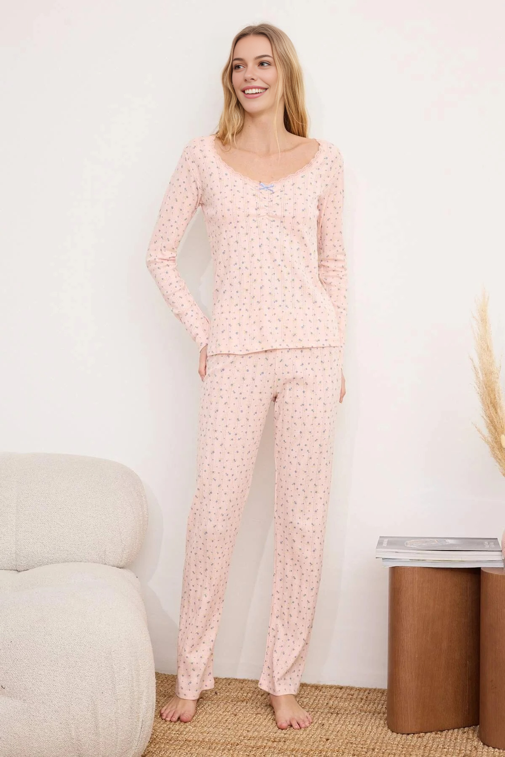 2-Piece 100% Cotton Floral Lace Detail Ribbed Knit Pajama Set