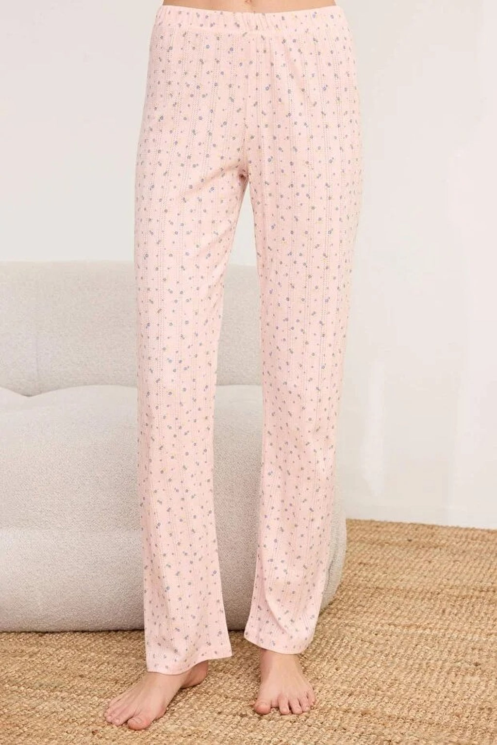 2-Piece 100% Cotton Floral Lace Detail Ribbed Knit Pajama Set
