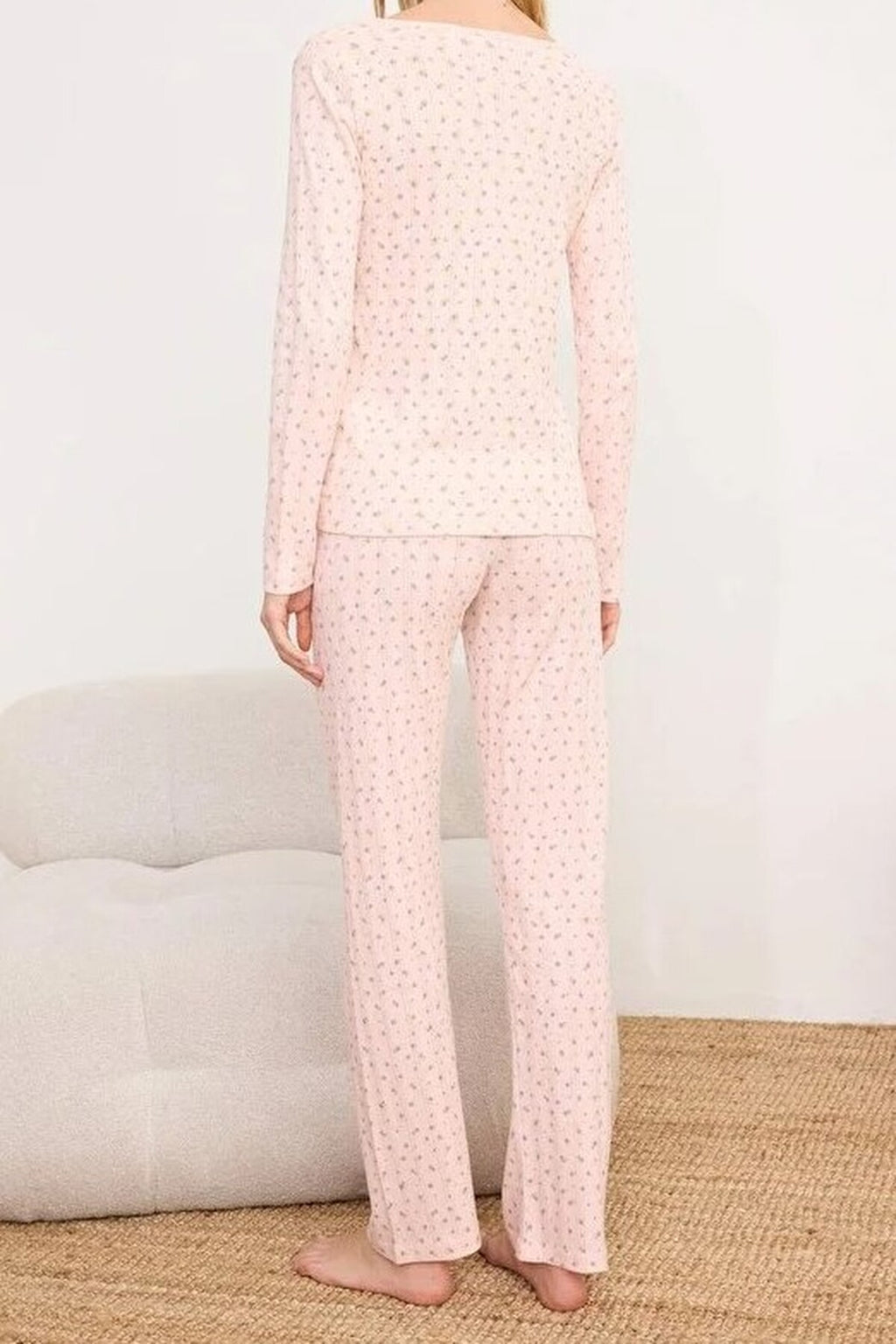 2-Piece 100% Cotton Floral Lace Detail Ribbed Knit Pajama Set