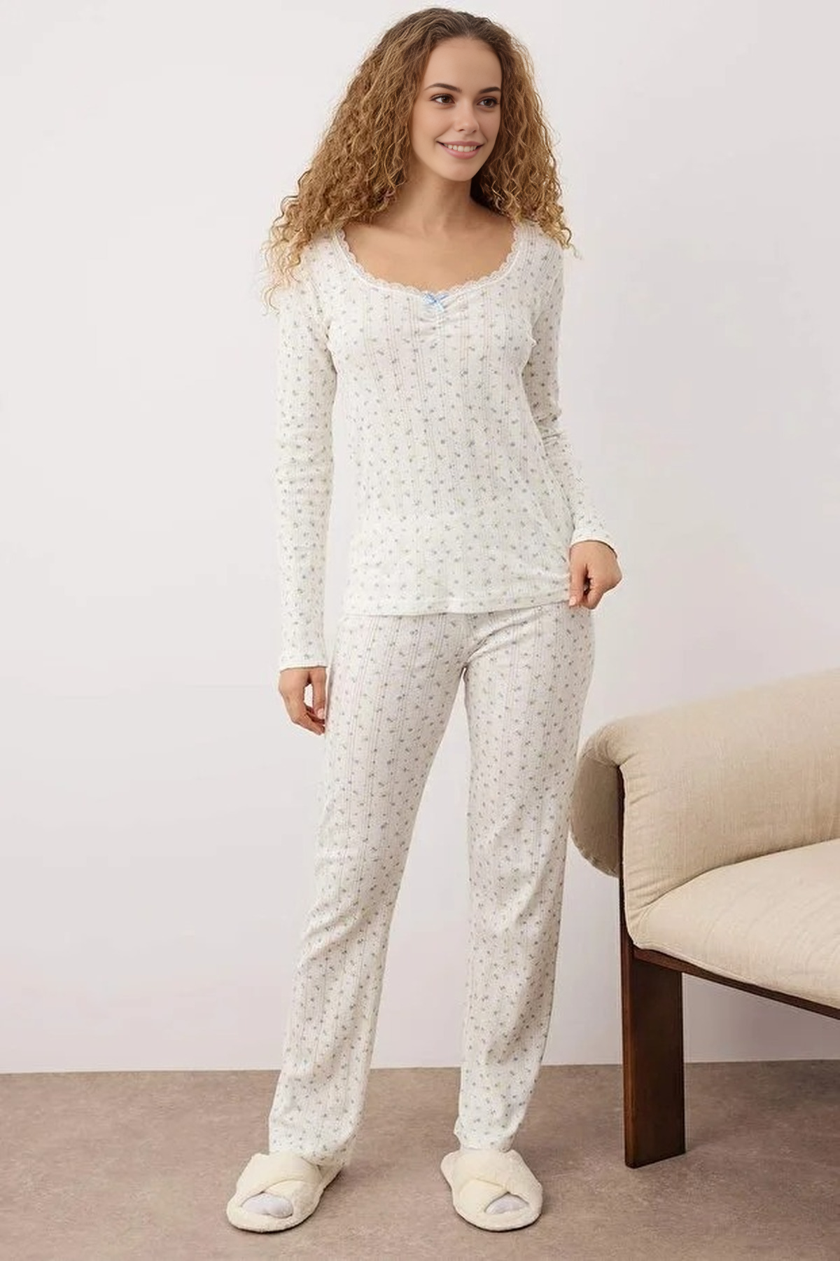 2-Piece 100% Cotton Floral Lace Detail Ribbed Knit Pajama Set