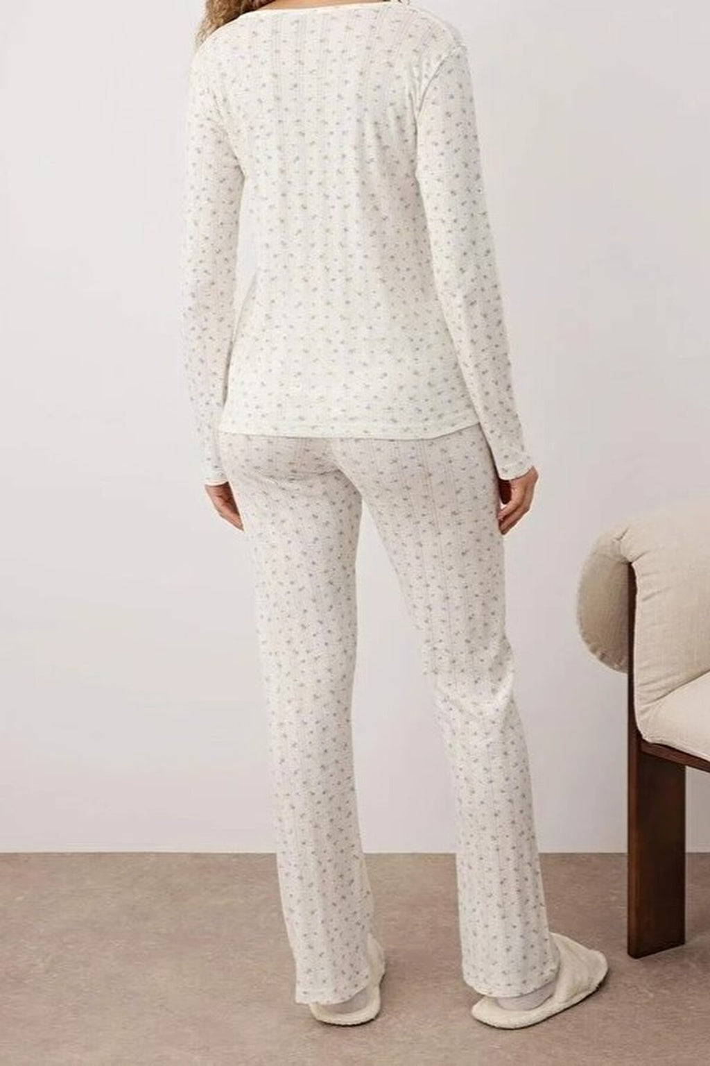 2-Piece 100% Cotton Floral Lace Detail Ribbed Knit Pajama Set