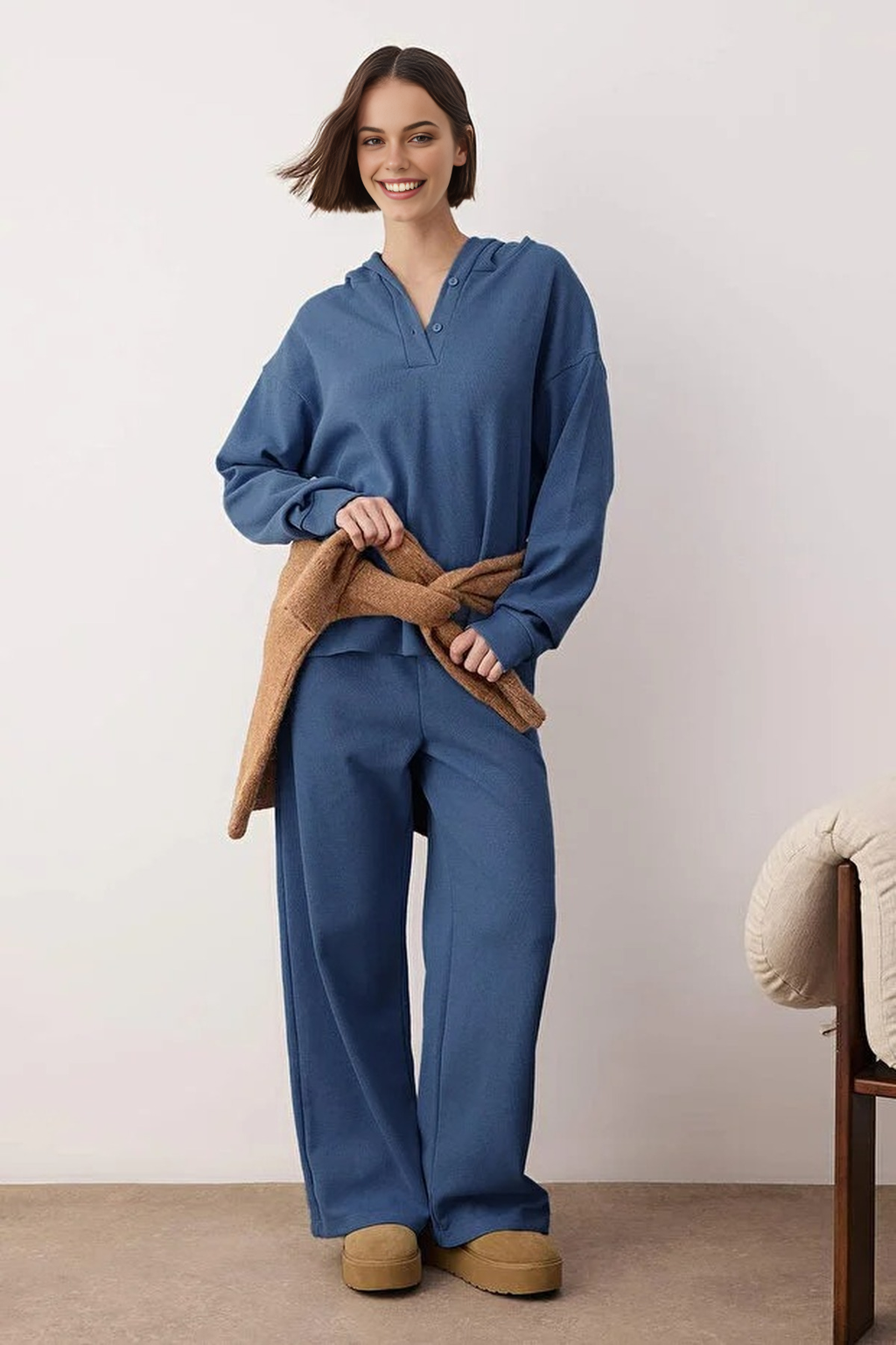 2-Piece Cotton Hooded Waffle Knit Pajama Set