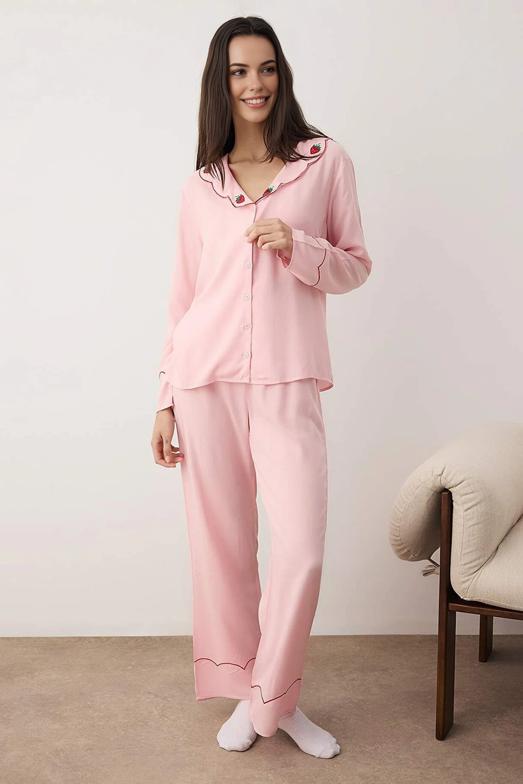 2-Piece Strawberry Embroidered Viscose Woven Pajama Set