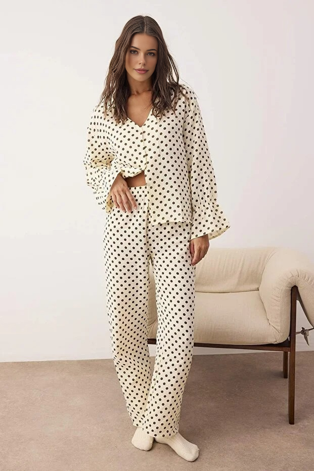 2-Piece 100% Cotton Polka Dot Muslin Woven Pajama Set