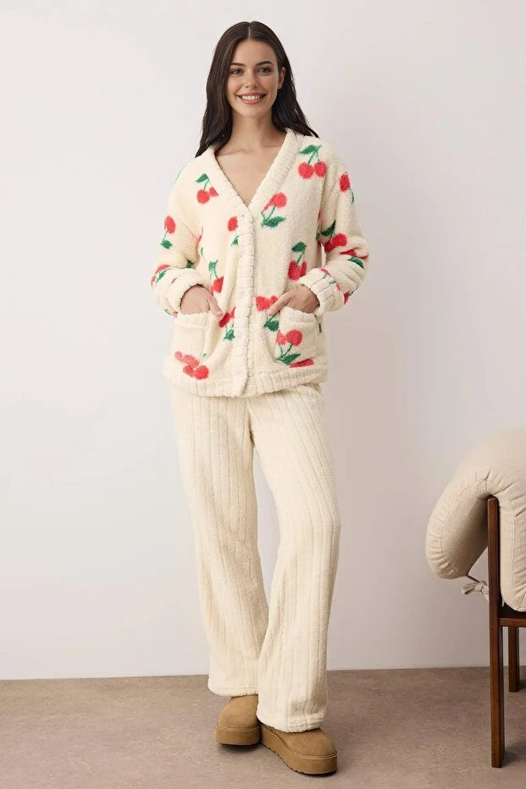 2-Piece Cherry Pattern Wellsoft Knitted Pajama Set