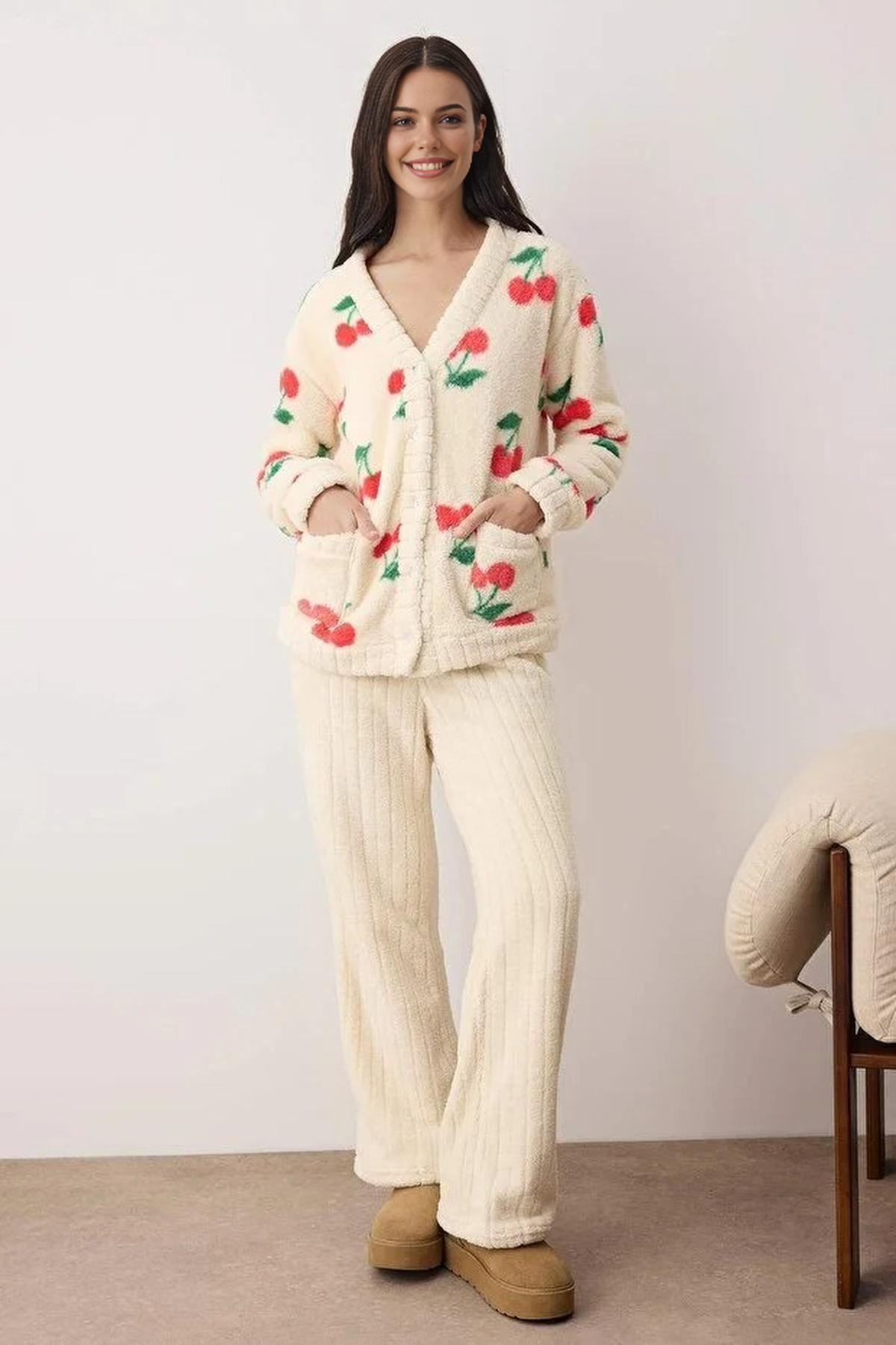 2-Piece Cherry Pattern Wellsoft Knitted Pajama Set