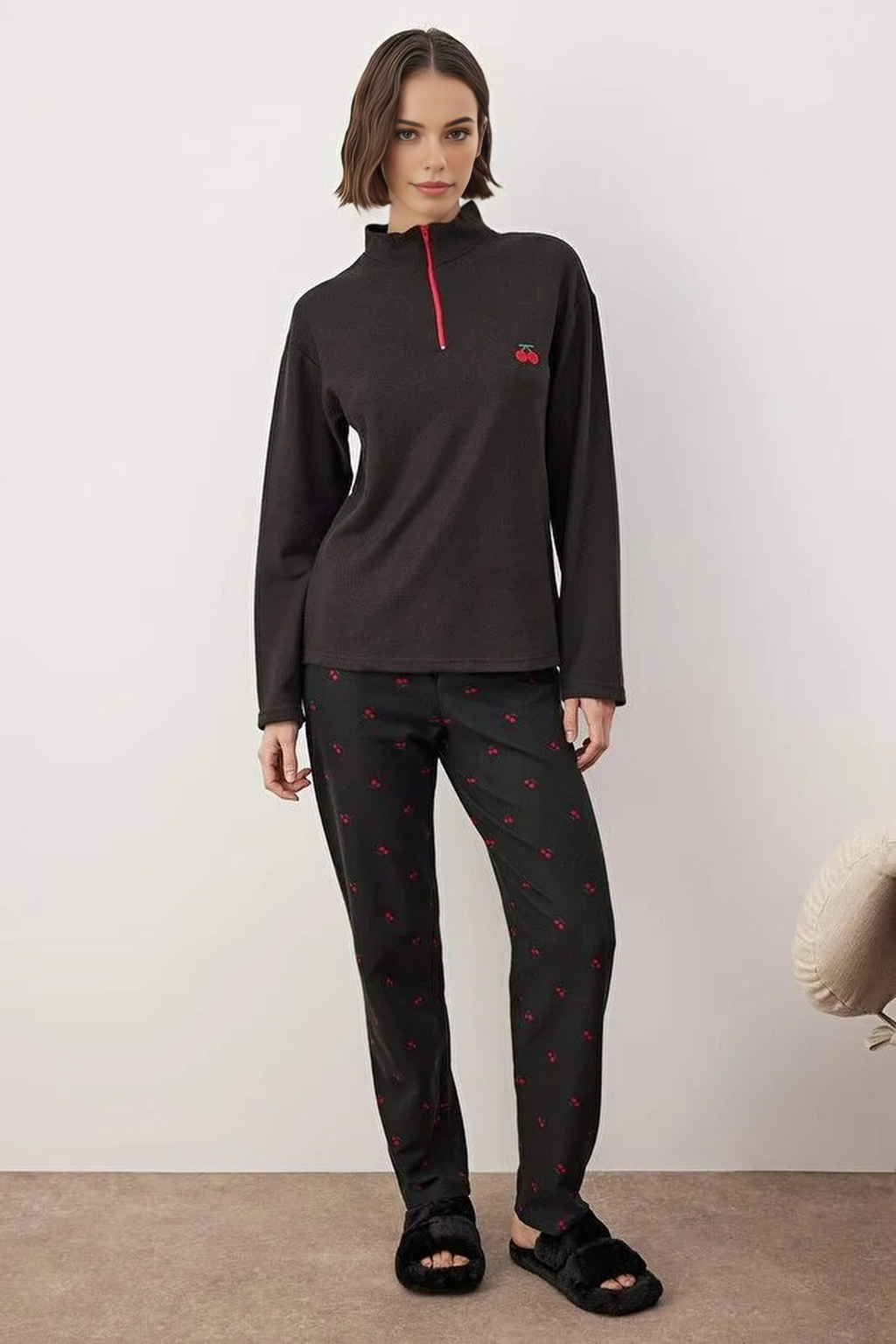 2-Piece Cherry Patterned Zippered Soft Winter Waffle Knit Pajama Set