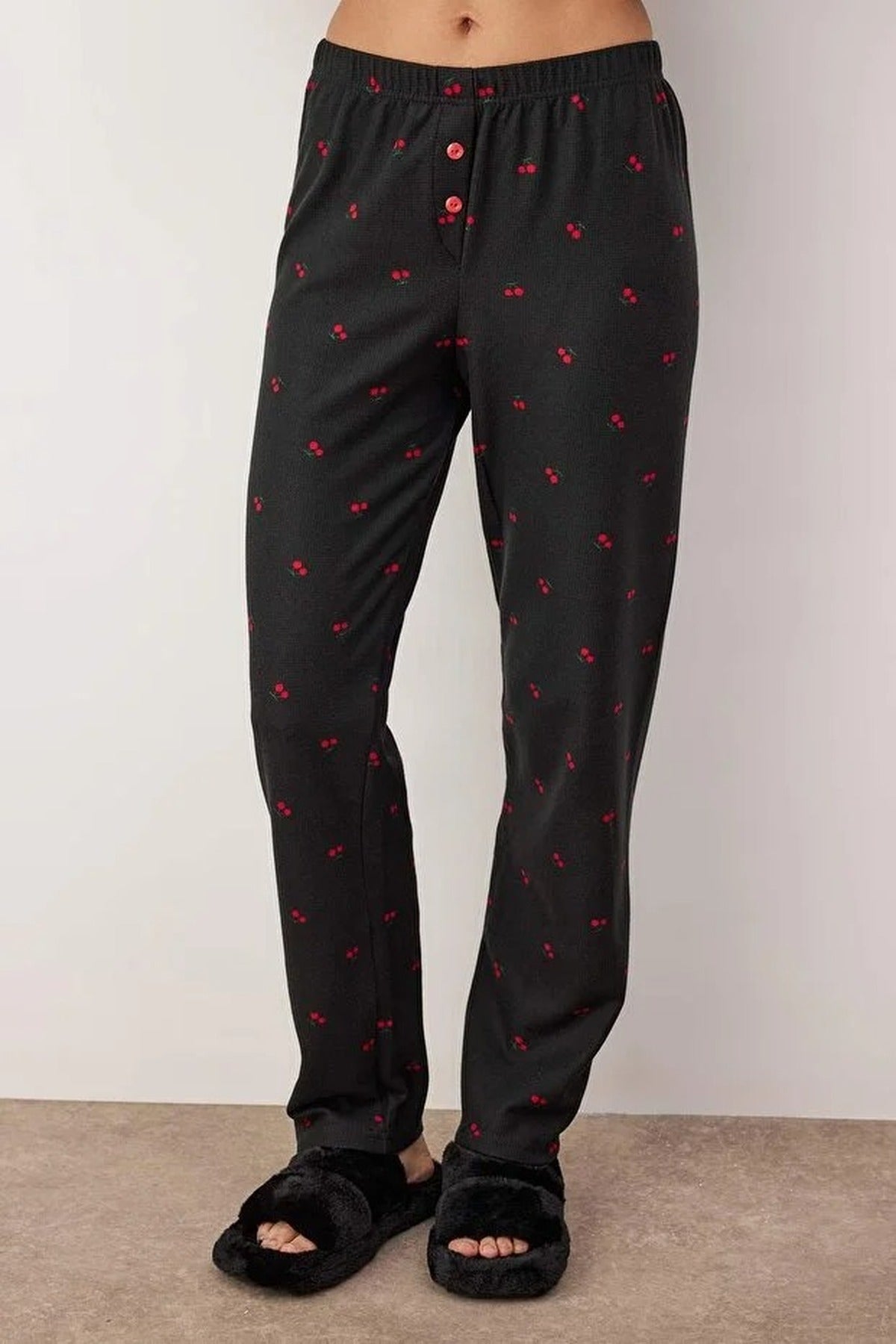 2-Piece Cherry Patterned Zippered Soft Winter Waffle Knit Pajama Set