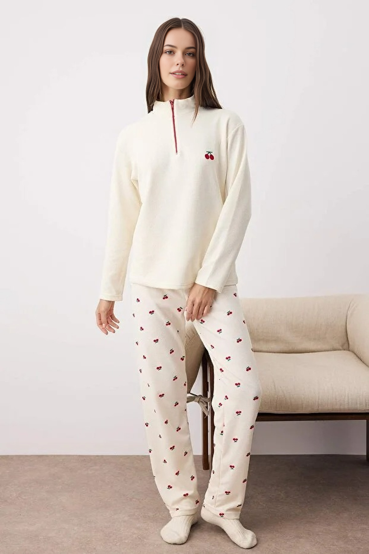 2-Piece Cherry Patterned Zippered Soft Winter Waffle Knit Pajama Set