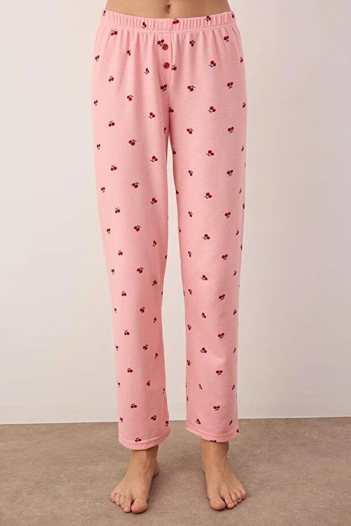 2-Piece Cherry Patterned Zippered Soft Winter Waffle Knit Pajama Set
