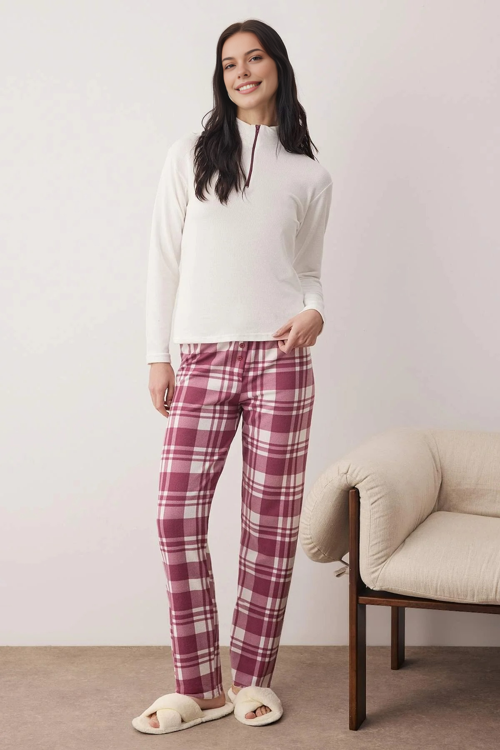 2-Piece Zippered Soft Winter Waffle Knit Pajama Set