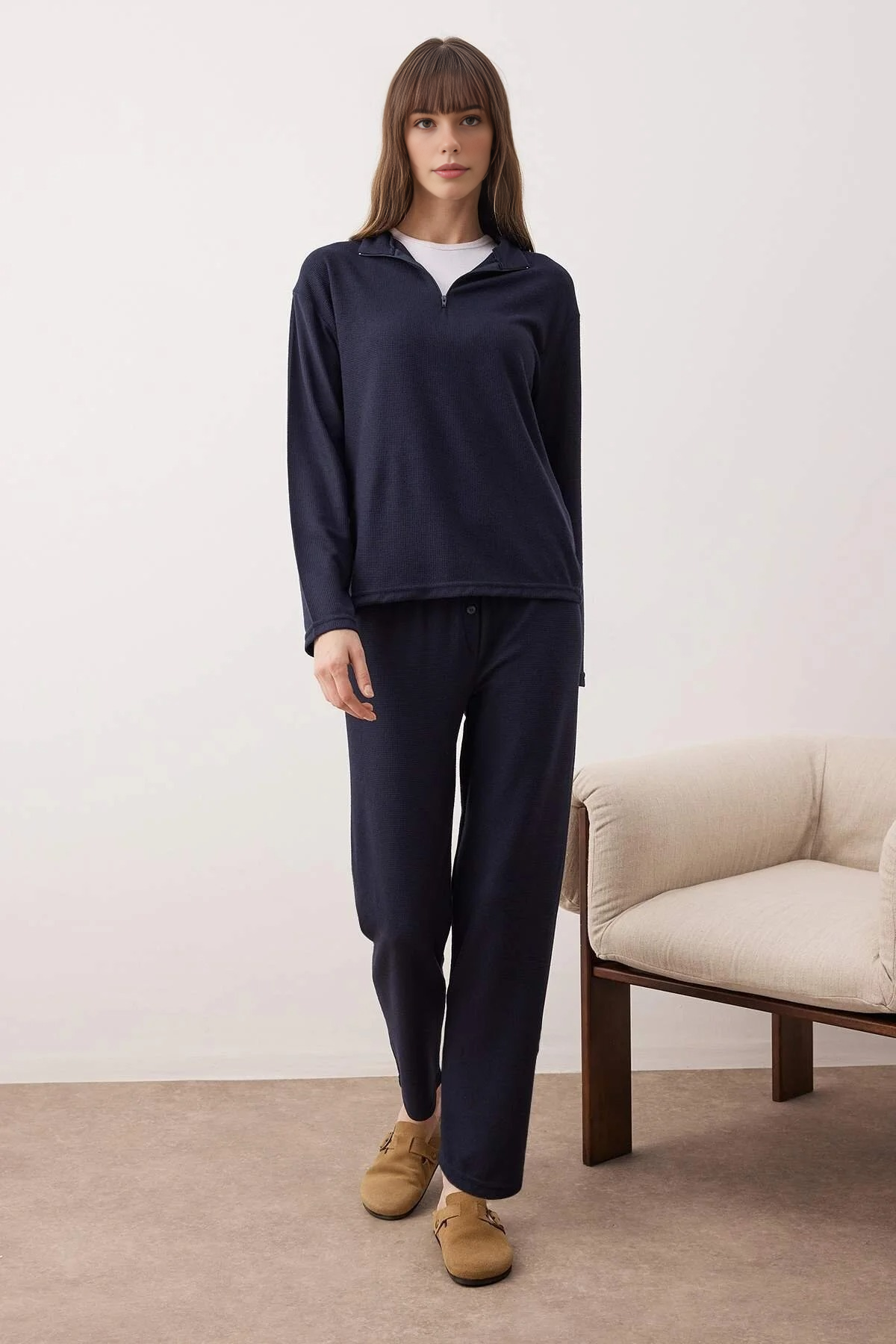 2-Piece Zippered Soft Winter Waffle Knit Pajama Set