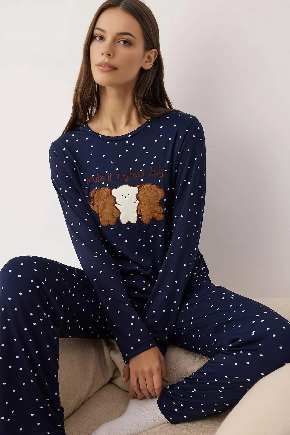 2-Piece Blue Polka Dot Teddy Bear Patch Soft Touch Winter Knitted Pajama Set