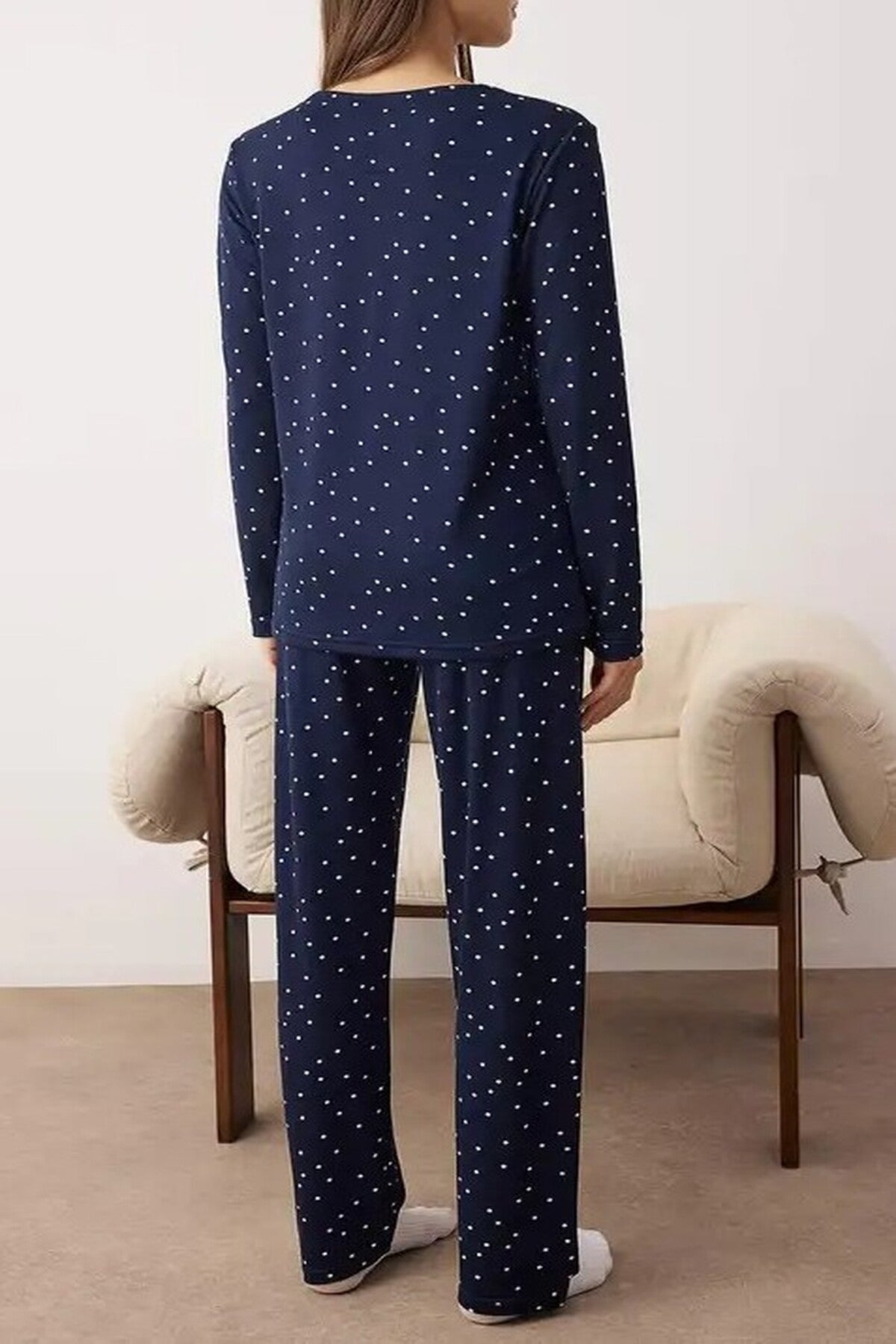 2-Piece Blue Polka Dot Teddy Bear Patch Soft Touch Winter Knitted Pajama Set