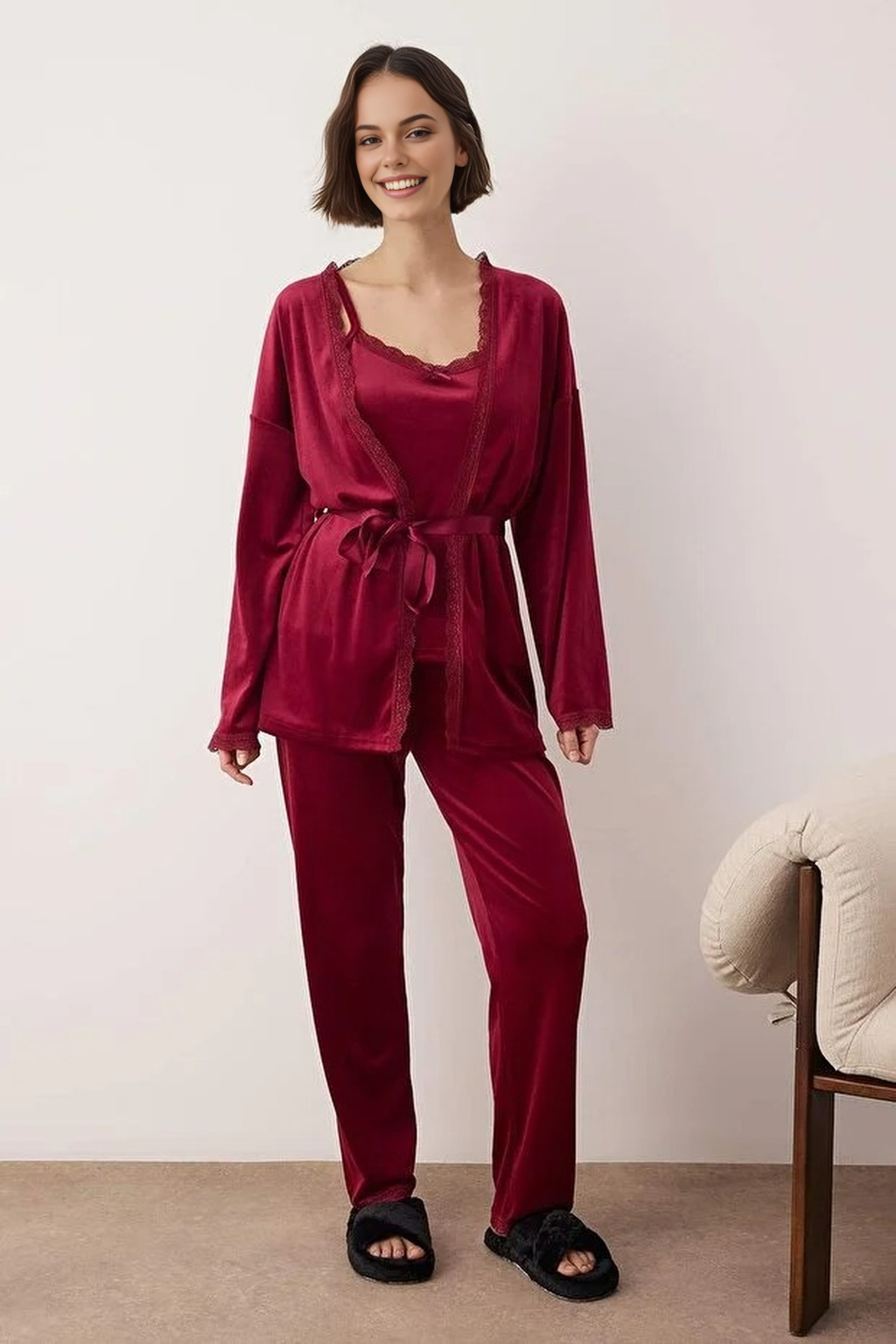 3-Piece Bridal Set with Lace Details, Velvet Knitted Robe + Pajama Set