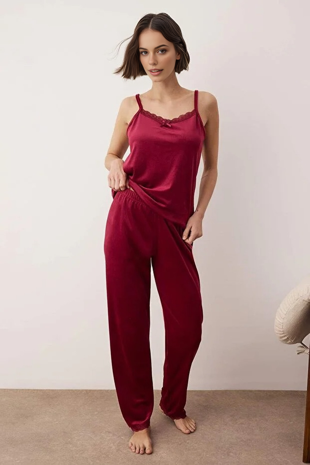 3-Piece Bridal Set with Lace Details, Velvet Knitted Robe + Pajama Set