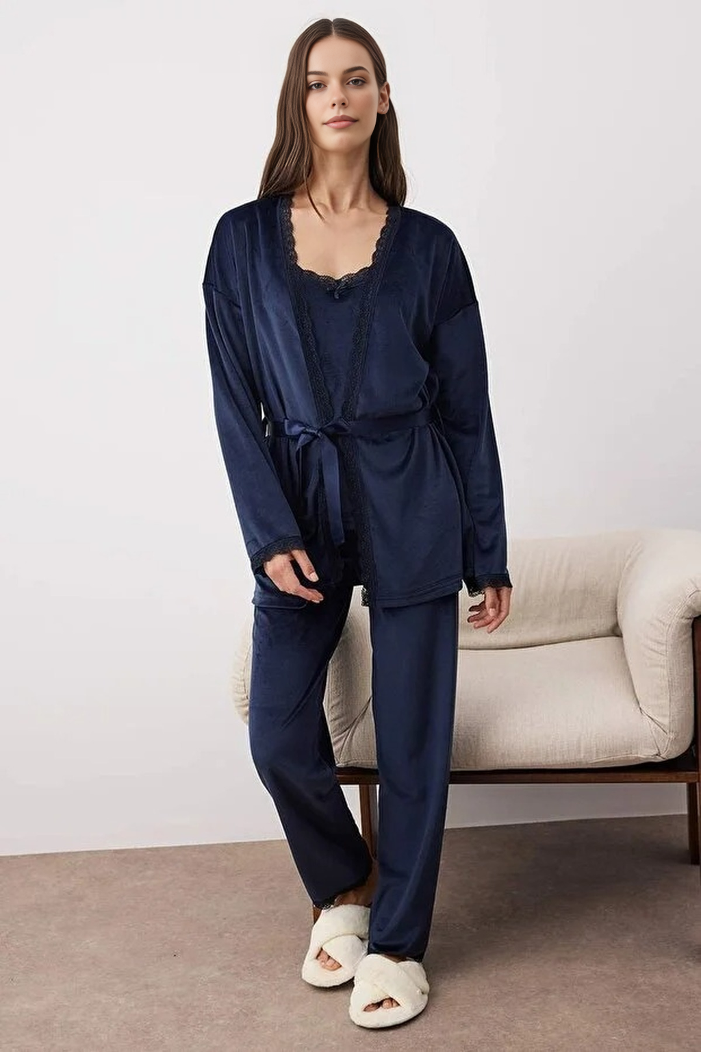 3-Piece Bridal Set with Lace Details, Velvet Knitted Robe + Pajama Set