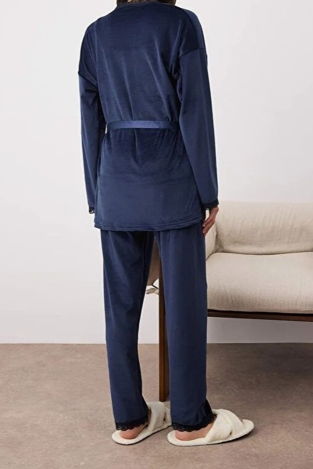 3-Piece Bridal Set with Lace Details, Velvet Knitted Robe + Pajama Set