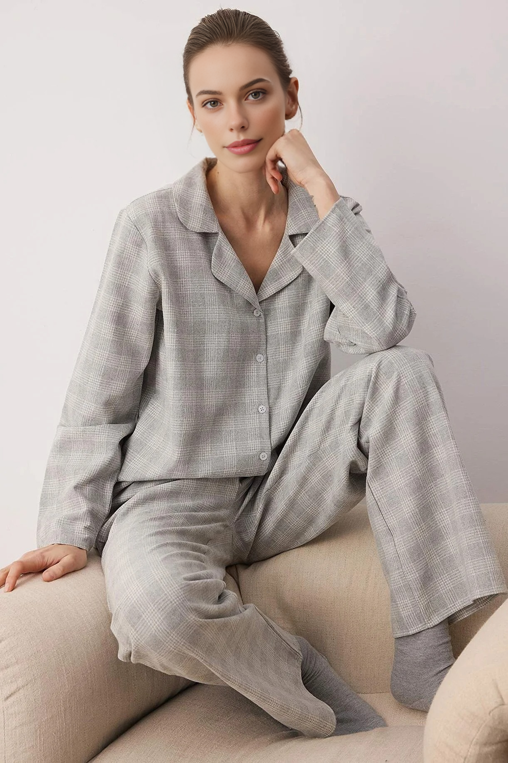 2-Piece Cotton Winter Plaid Flannel Woven Pajama Set