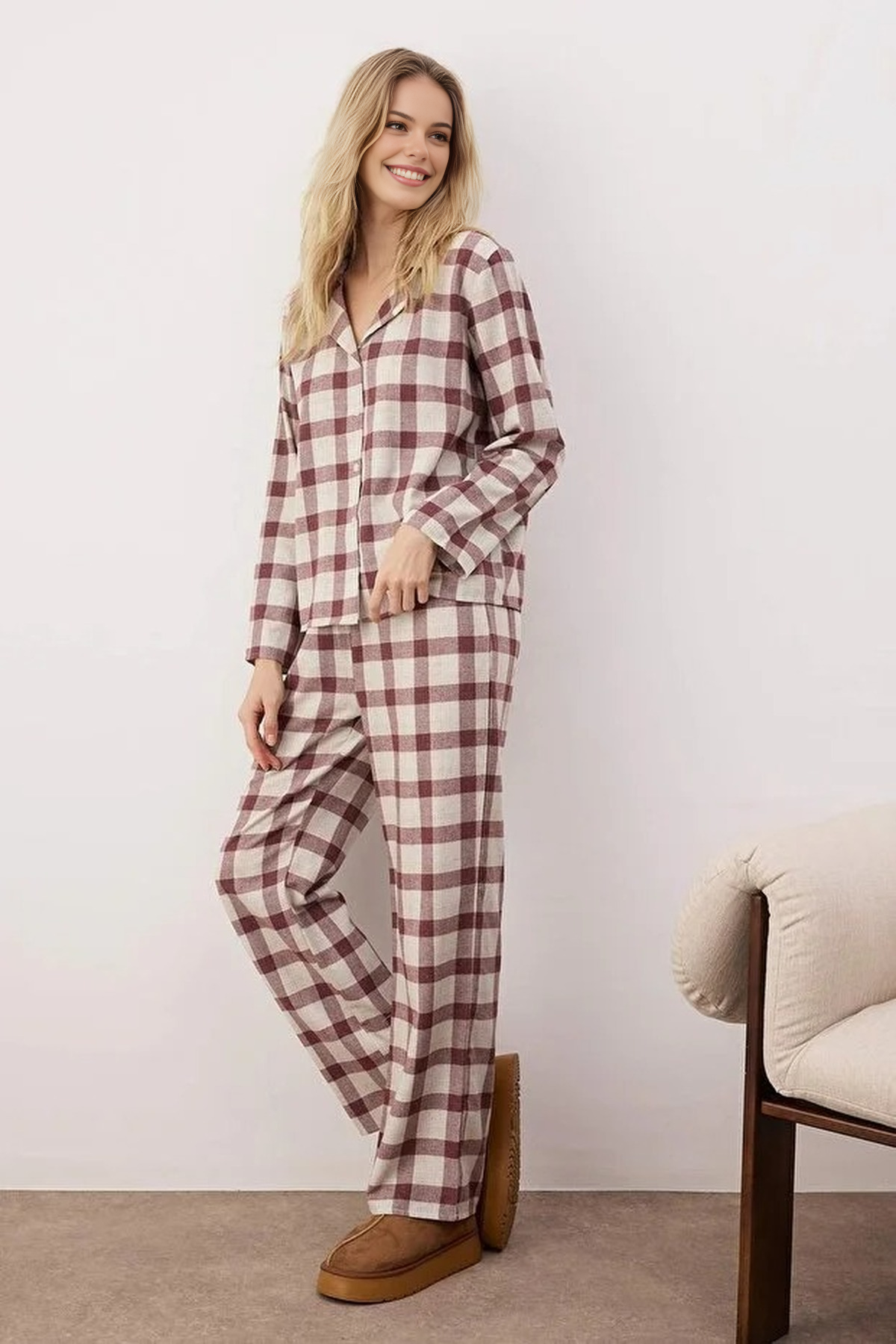 2-Piece Cotton Winter Plaid Flannel Woven Pajama Set