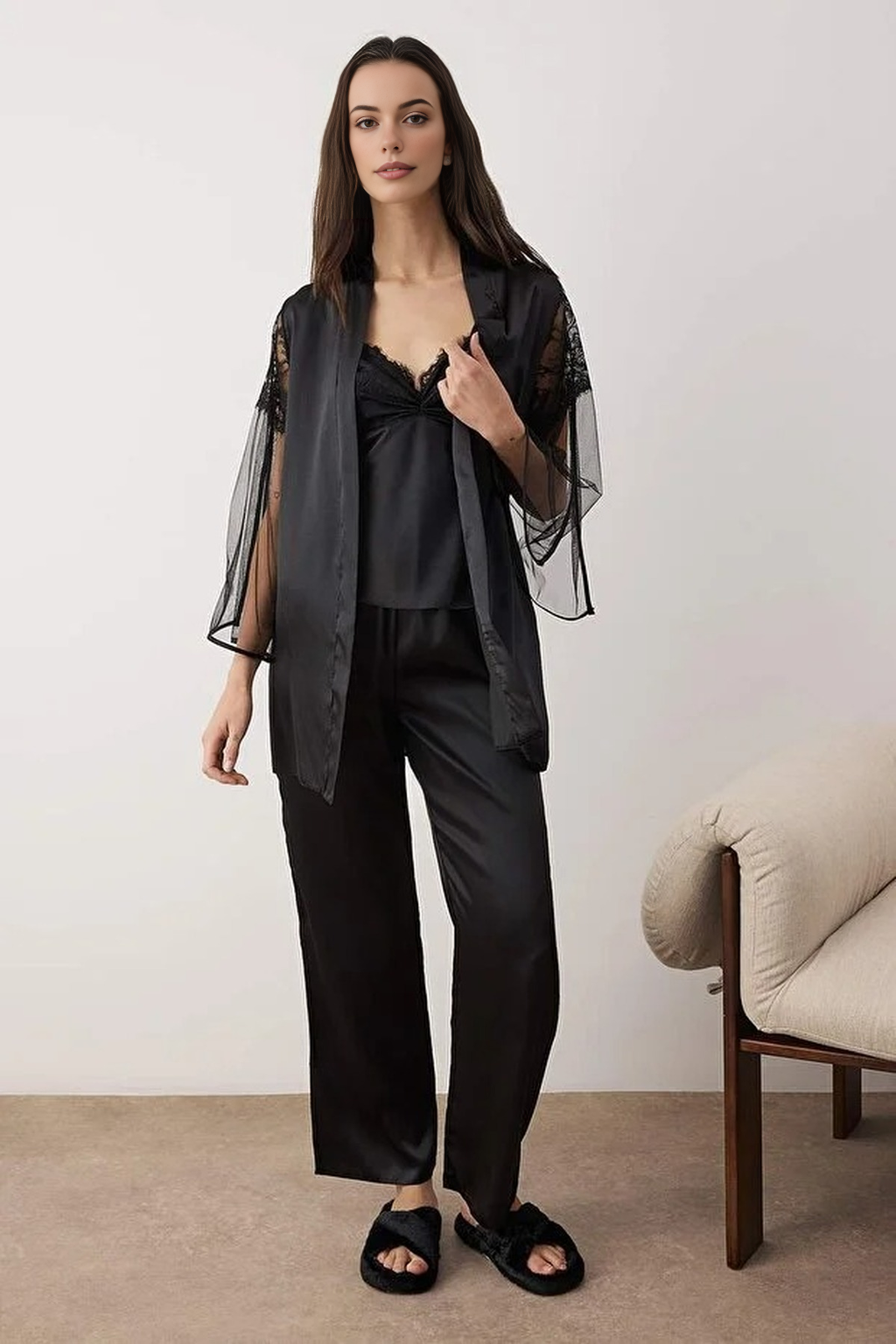 3-Piece Bridal Set Satin Woven Pajama Set