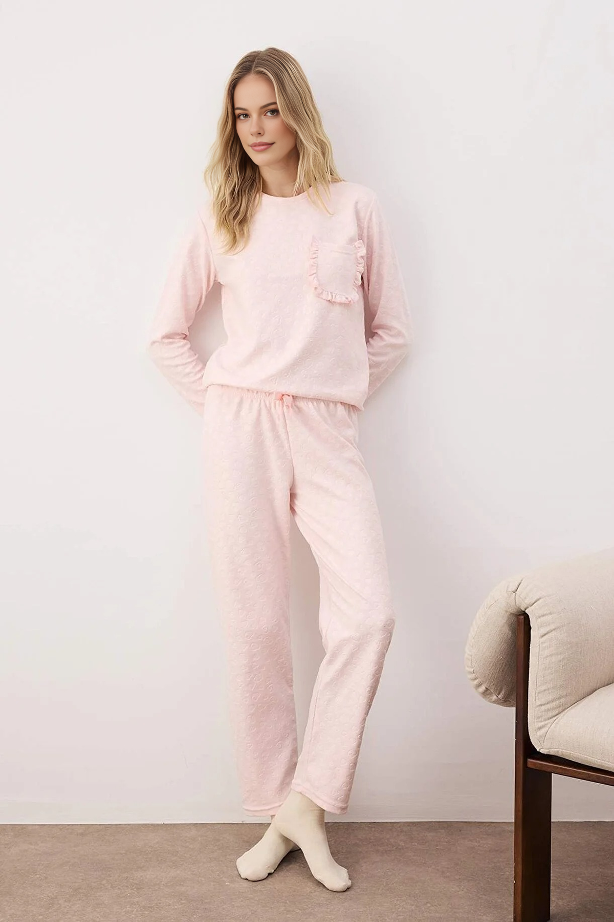 2-Piece Heart Patterned Ruffled and Pocketed Knitted Pajama Set