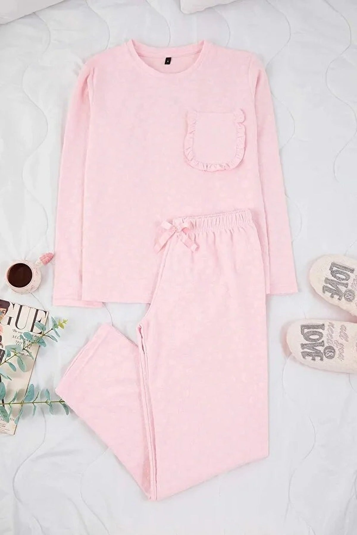 2-Piece Heart Patterned Ruffled and Pocketed Knitted Pajama Set
