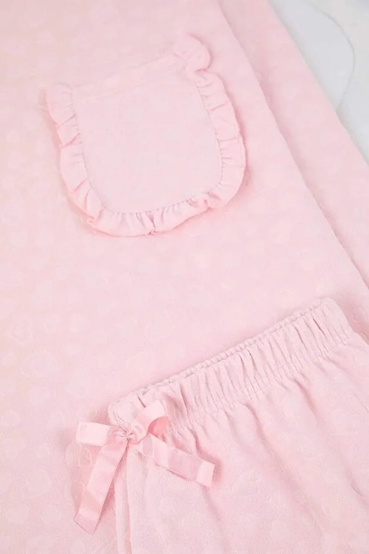 2-Piece Heart Patterned Ruffled and Pocketed Knitted Pajama Set