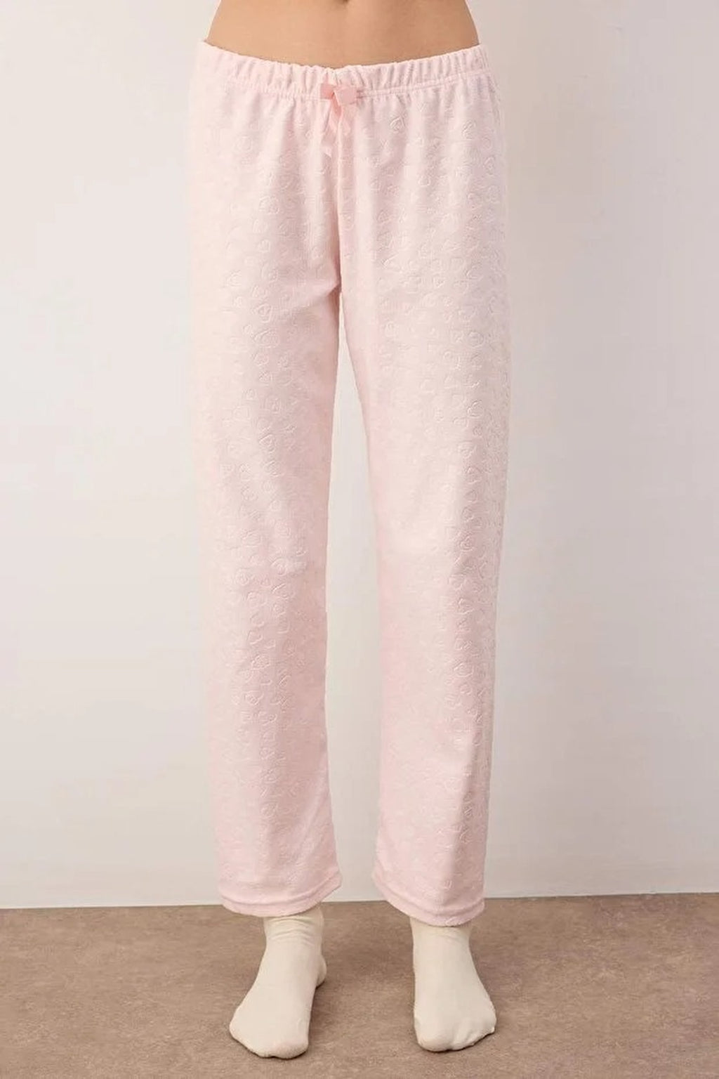 2-Piece Heart Patterned Ruffled and Pocketed Knitted Pajama Set