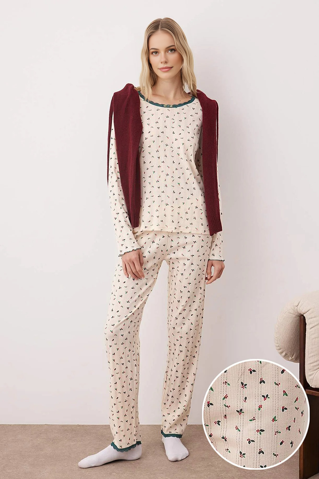 2-Piece 100% Cotton Floral Lace Detail Ribbed Knit Pajama Set