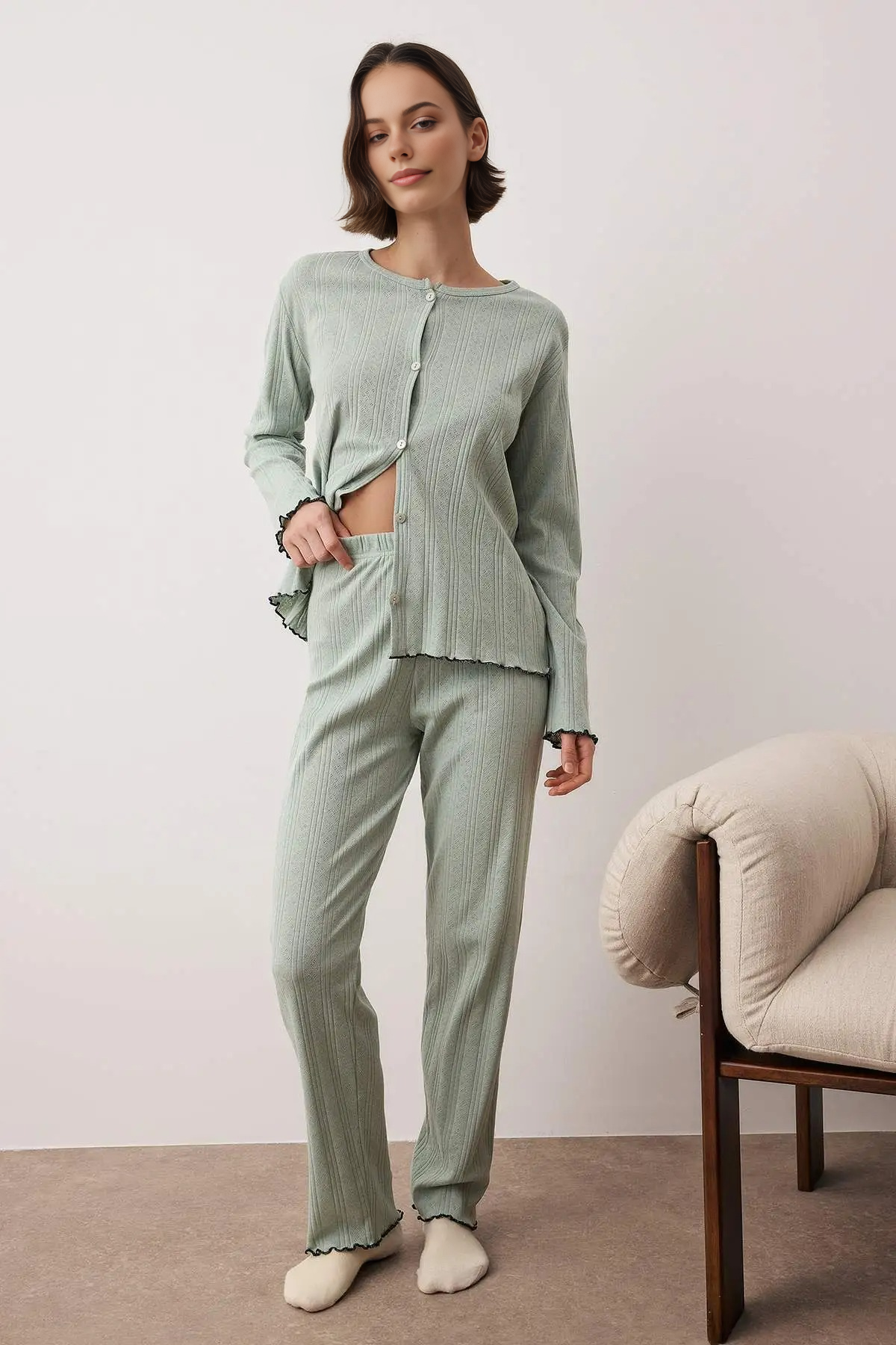 2-Piece Cardigan-Style Ribbed Baby Overlock Knitted Pajama Set