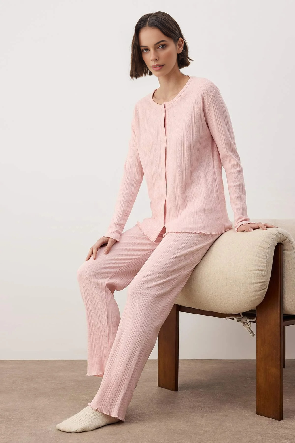2-Piece Cardigan-Style Ribbed Baby Overlock Knitted Pajama Set