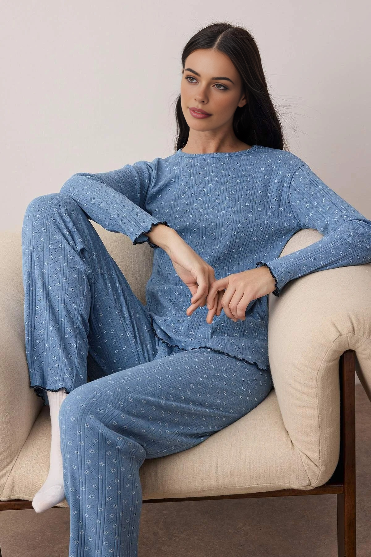 2-Piece Floral Ribbed Knit Pajama Set
