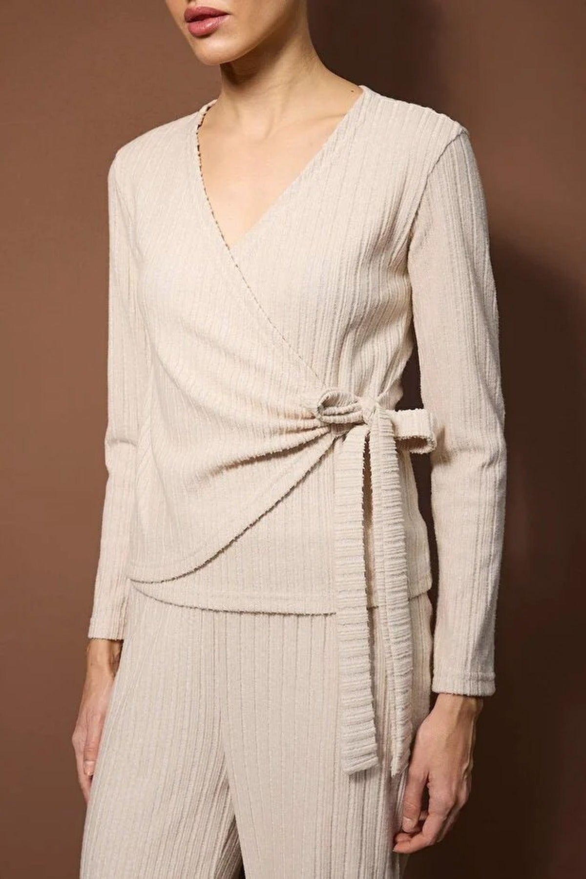 2-Piece Ribbed Knit Pajama Set with Wrap-Around Tie Detail