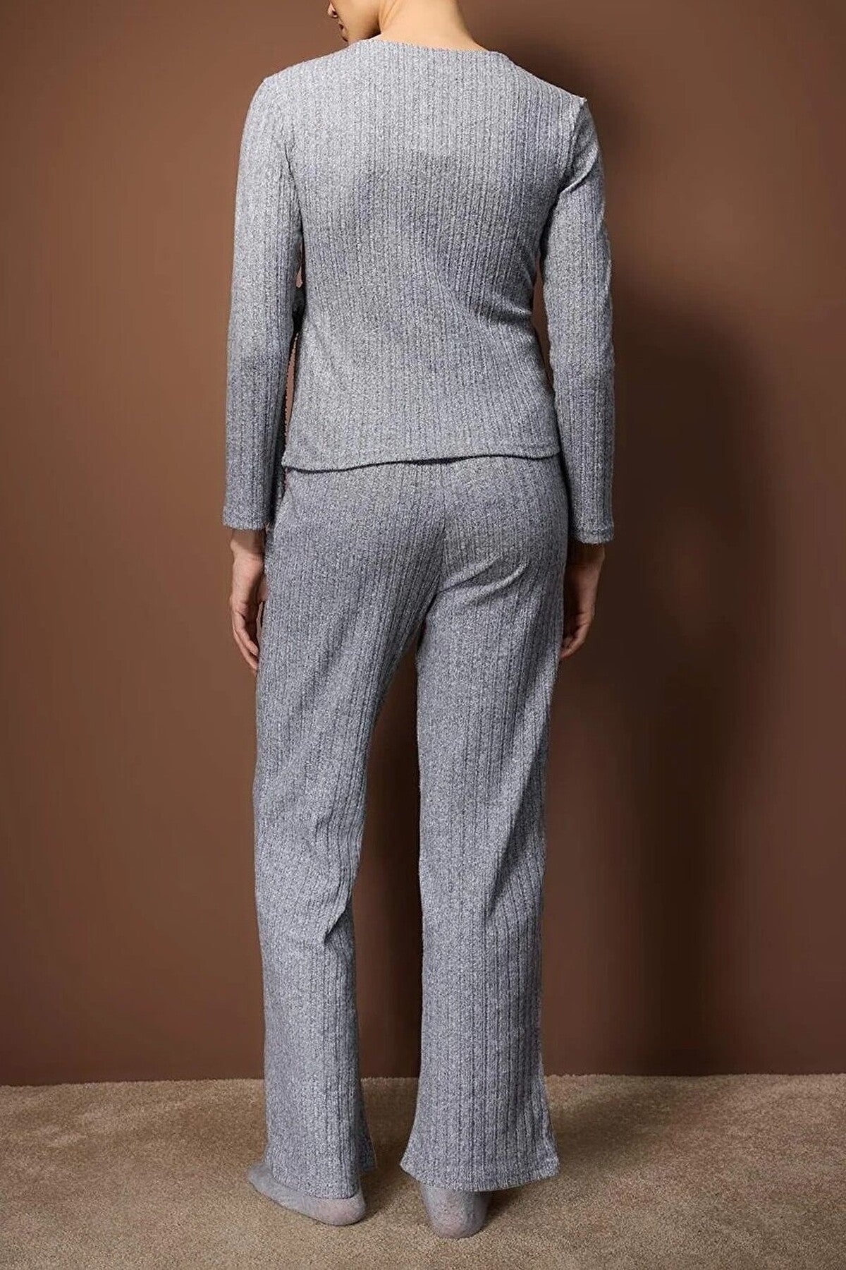 2-Piece Ribbed Knit Pajama Set with Wrap-Around Tie Detail