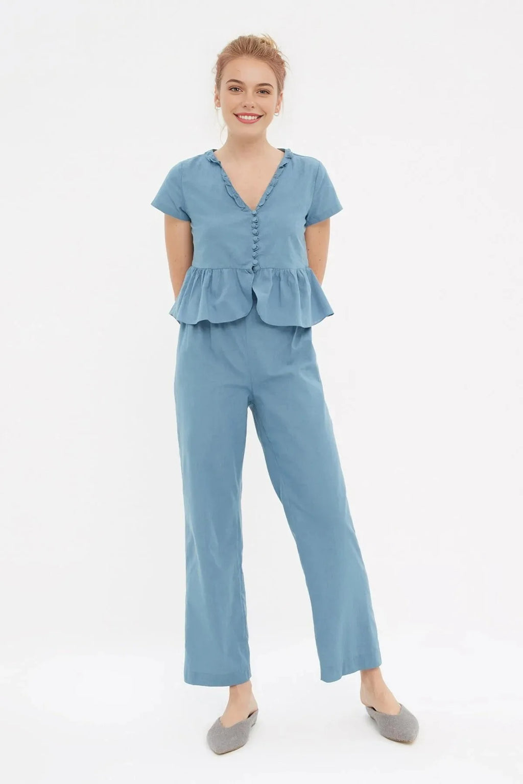 2-Piece Ruffled Viscose Woven Pajama Set