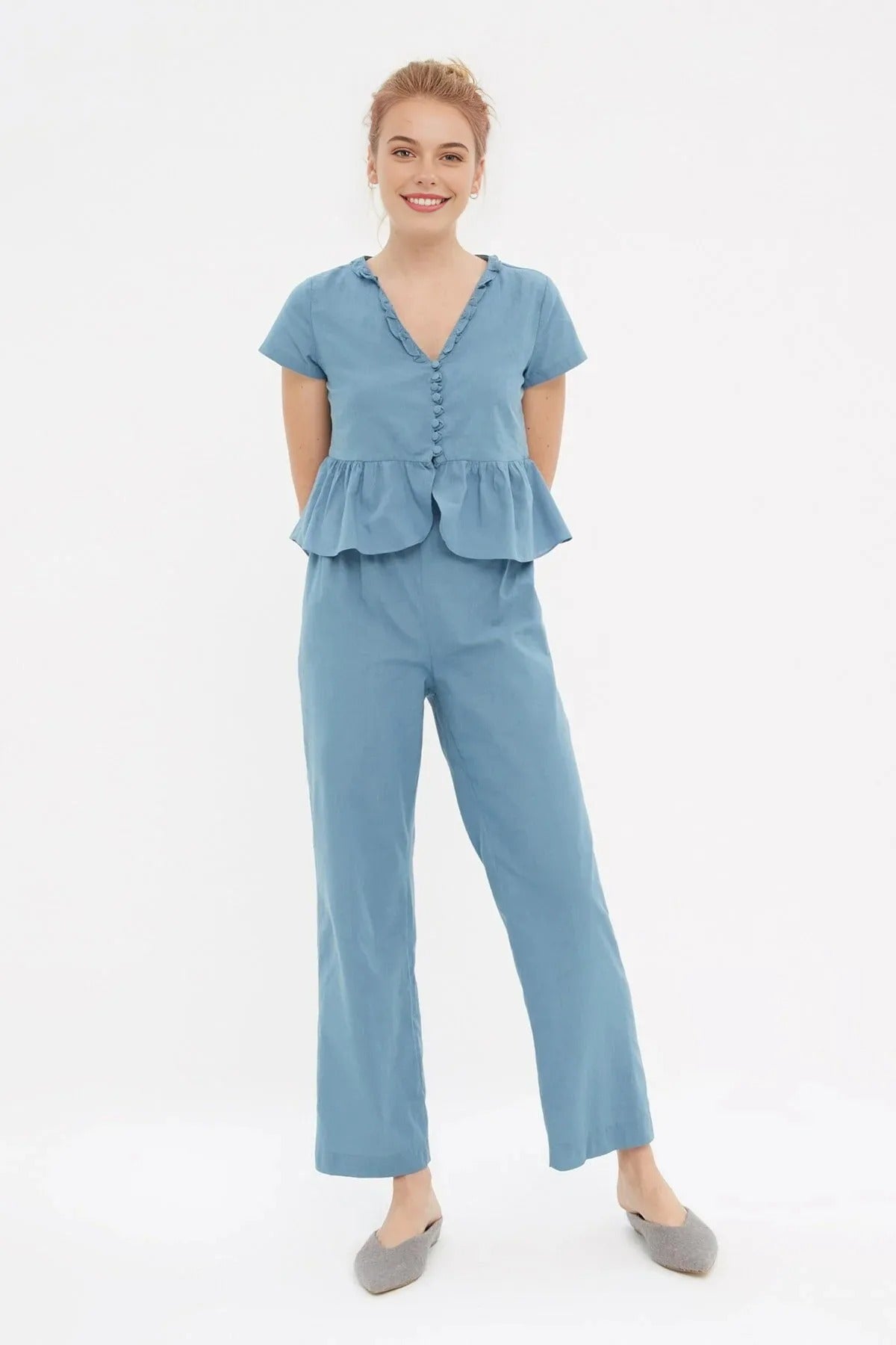 2-Piece Ruffled Viscose Woven Pajama Set