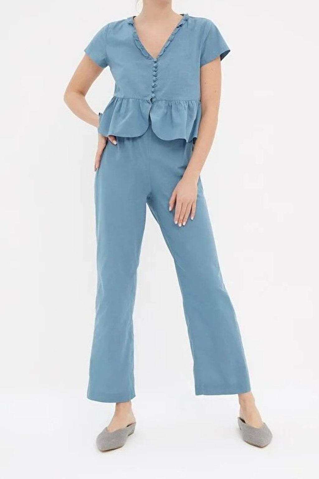 2-Piece Ruffled Viscose Woven Pajama Set