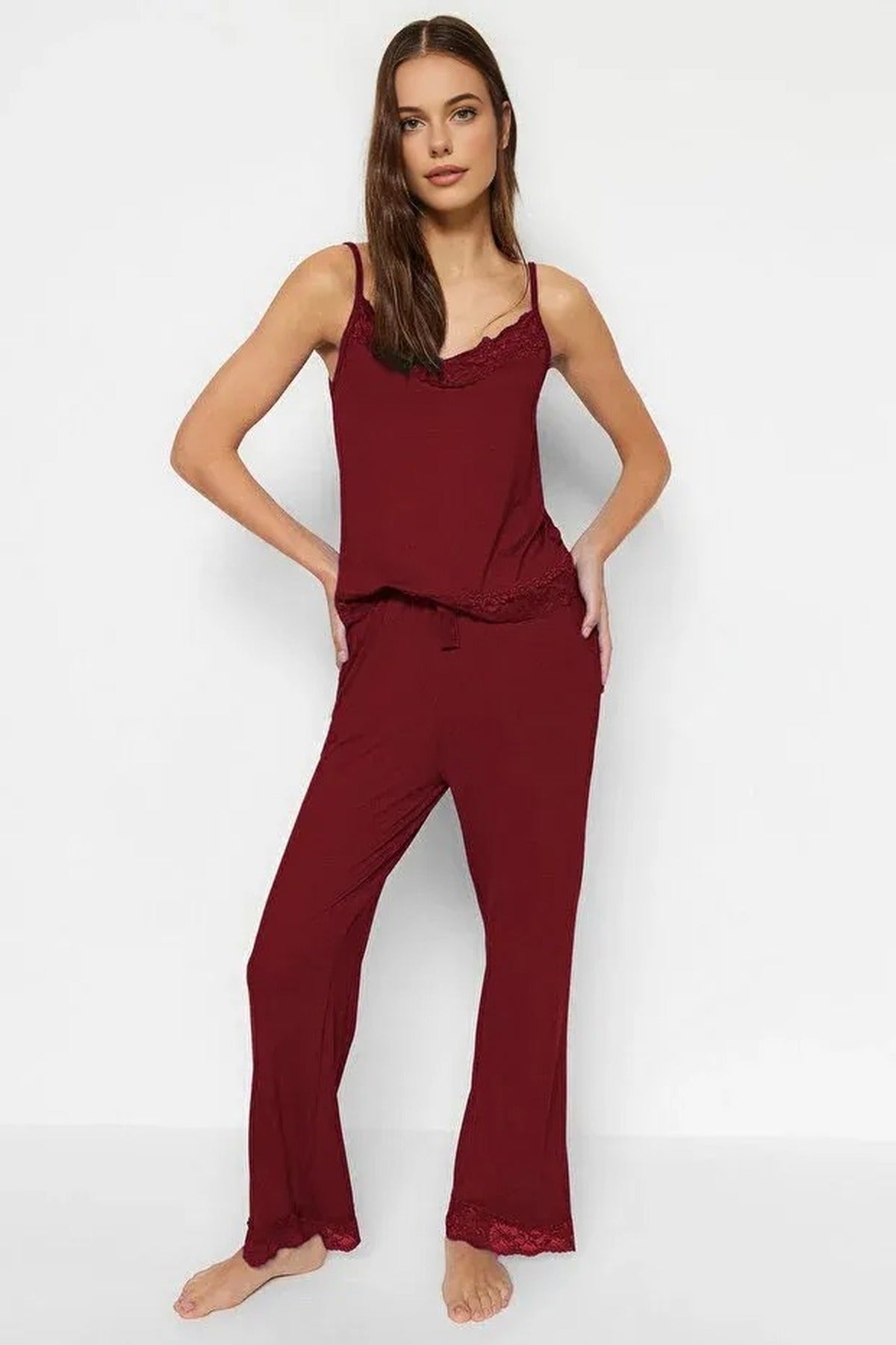 2-Piece Viscose Knit Pajama Set with Lace and Ribbon Details