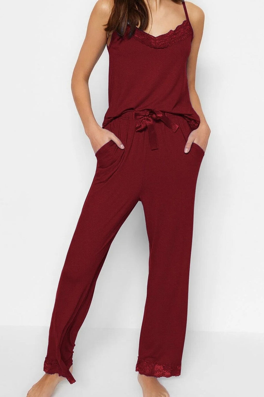2-Piece Viscose Knit Pajama Set with Lace and Ribbon Details