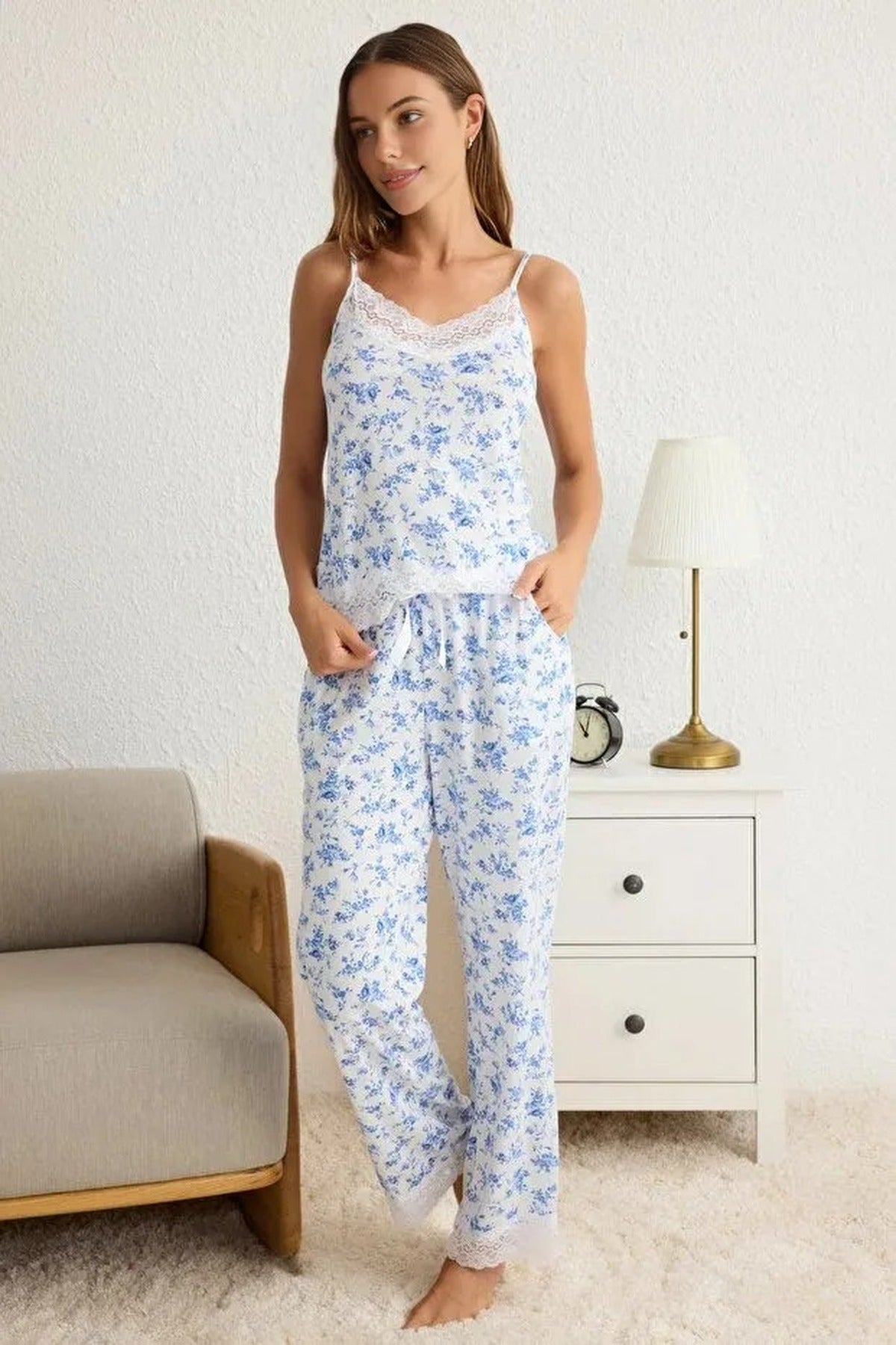 2-Piece Viscose Knit Pajama Set with Lace and Ribbon Details