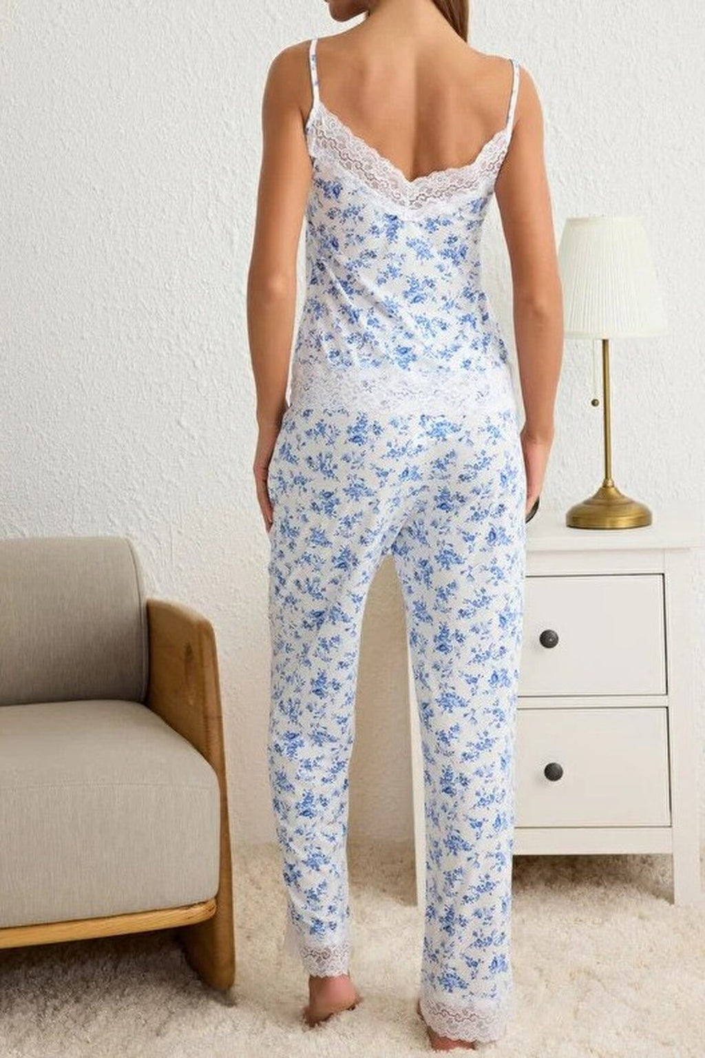 2-Piece Viscose Knit Pajama Set with Lace and Ribbon Details
