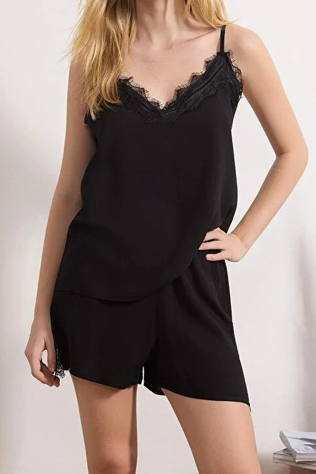 2-Piece Lace-Trimmed Strappy Viscose Woven Pajama Set with Short