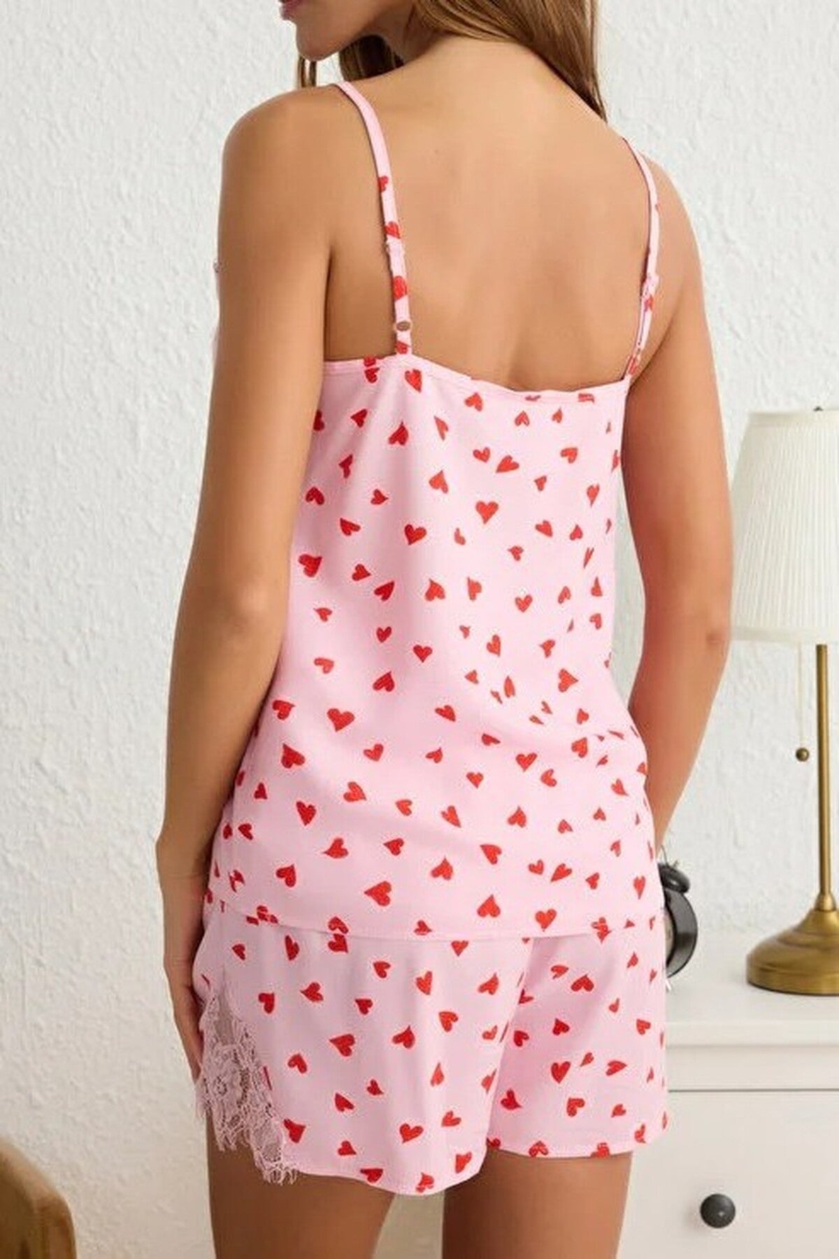 2-Piece Lace-Trimmed Strappy Viscose Woven Pajama Set with Short