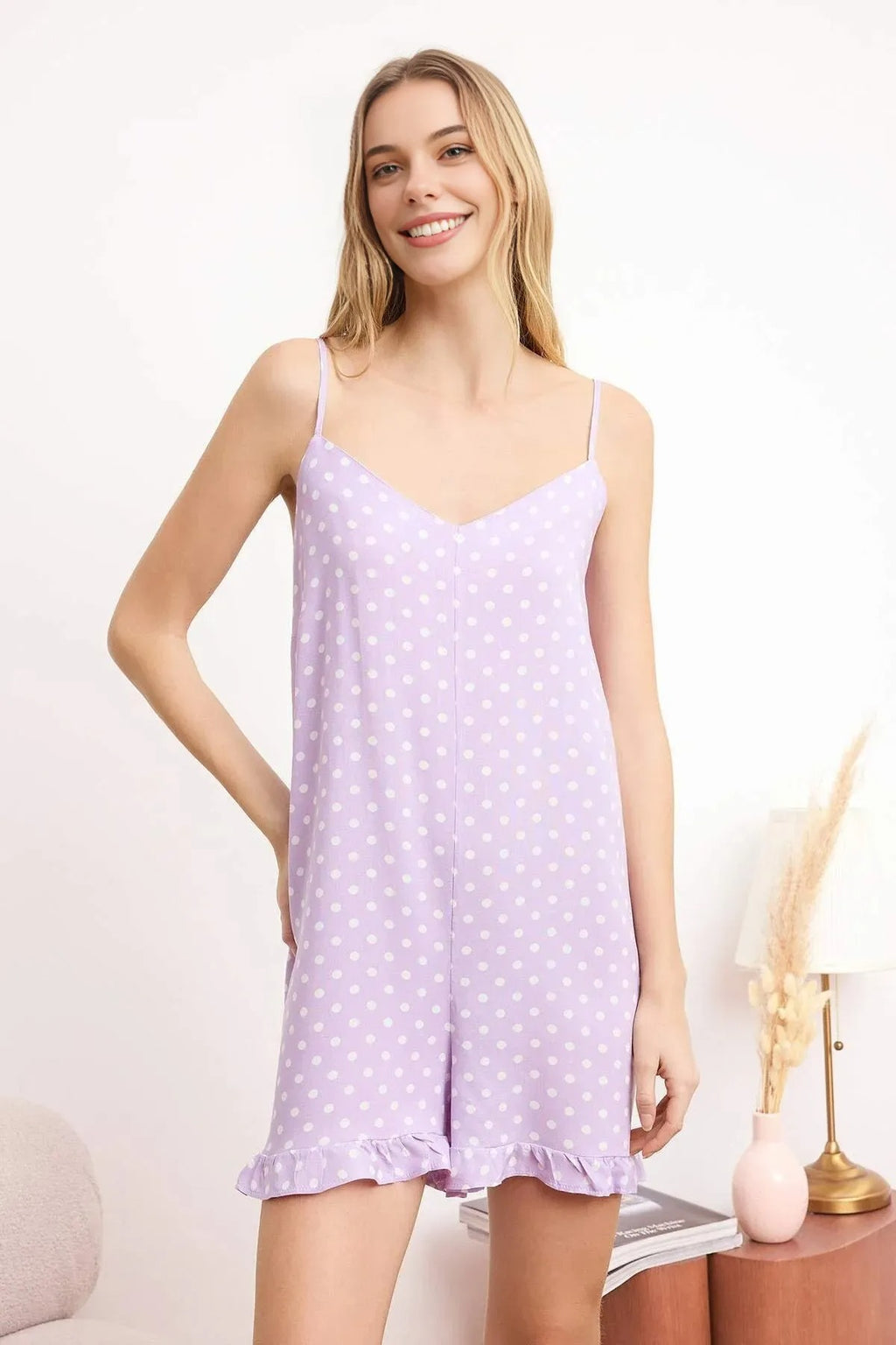 Polka Dot Ruffled Strappy Viscose Woven Playsuıt
