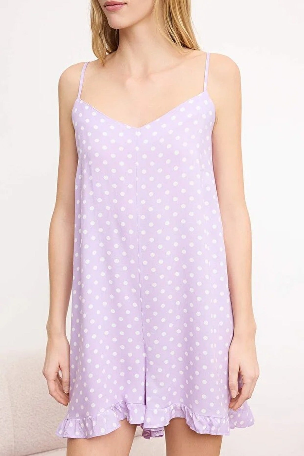 Polka Dot Ruffled Strappy Viscose Woven Playsuıt