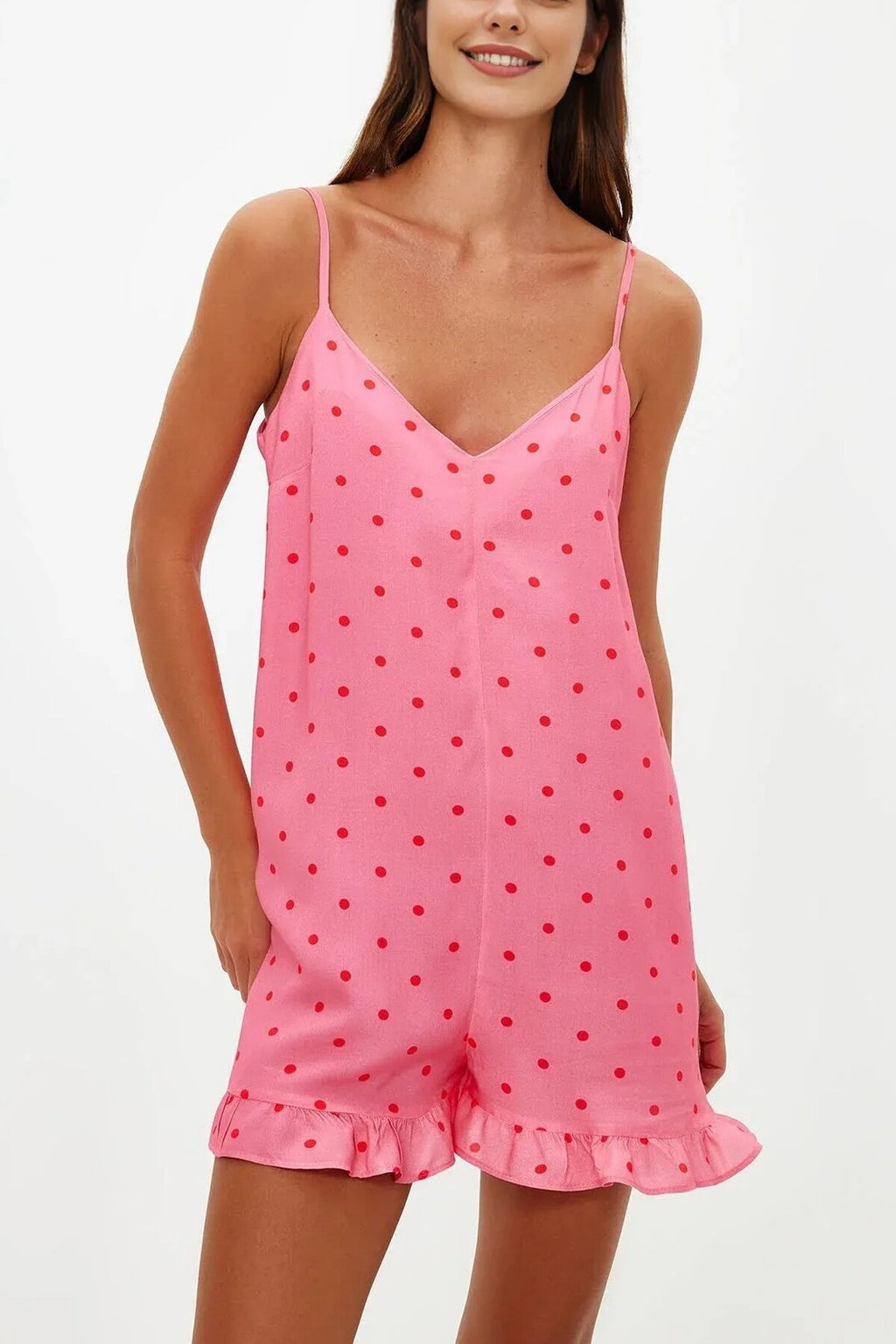 Polka Dot Ruffled Strappy Viscose Woven Playsuıt