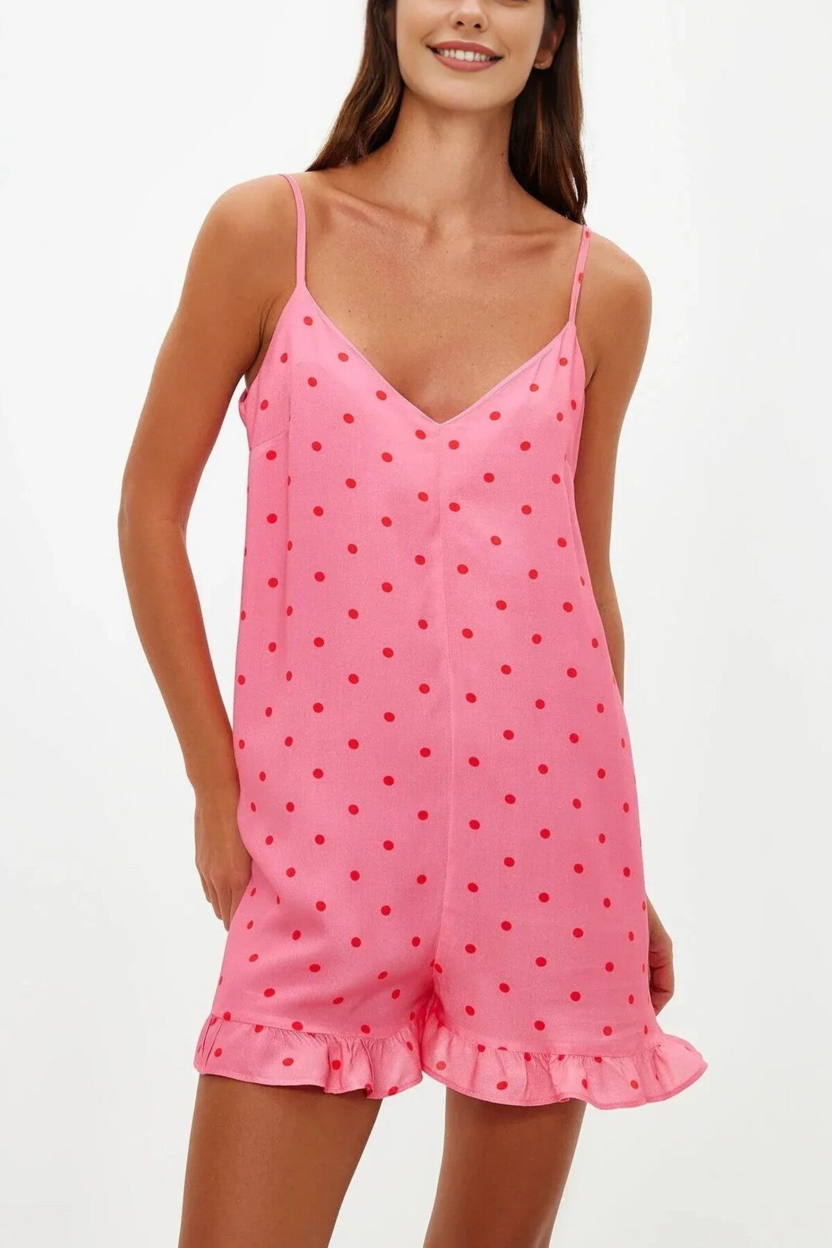 Polka Dot Ruffled Strappy Viscose Woven Playsuıt