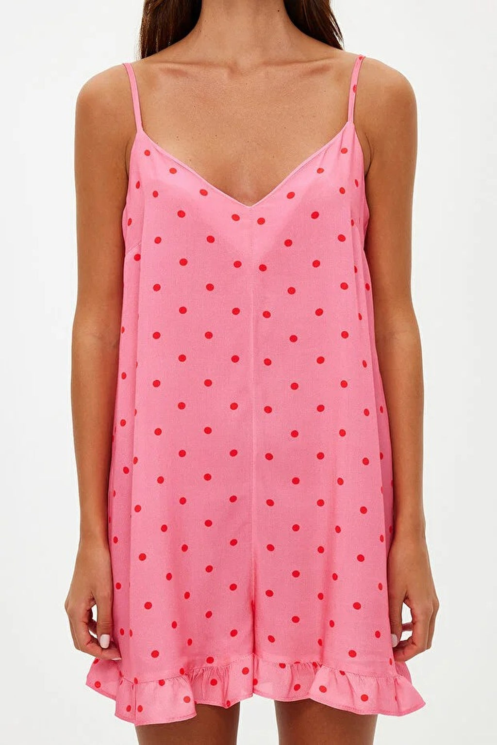 Polka Dot Ruffled Strappy Viscose Woven Playsuıt