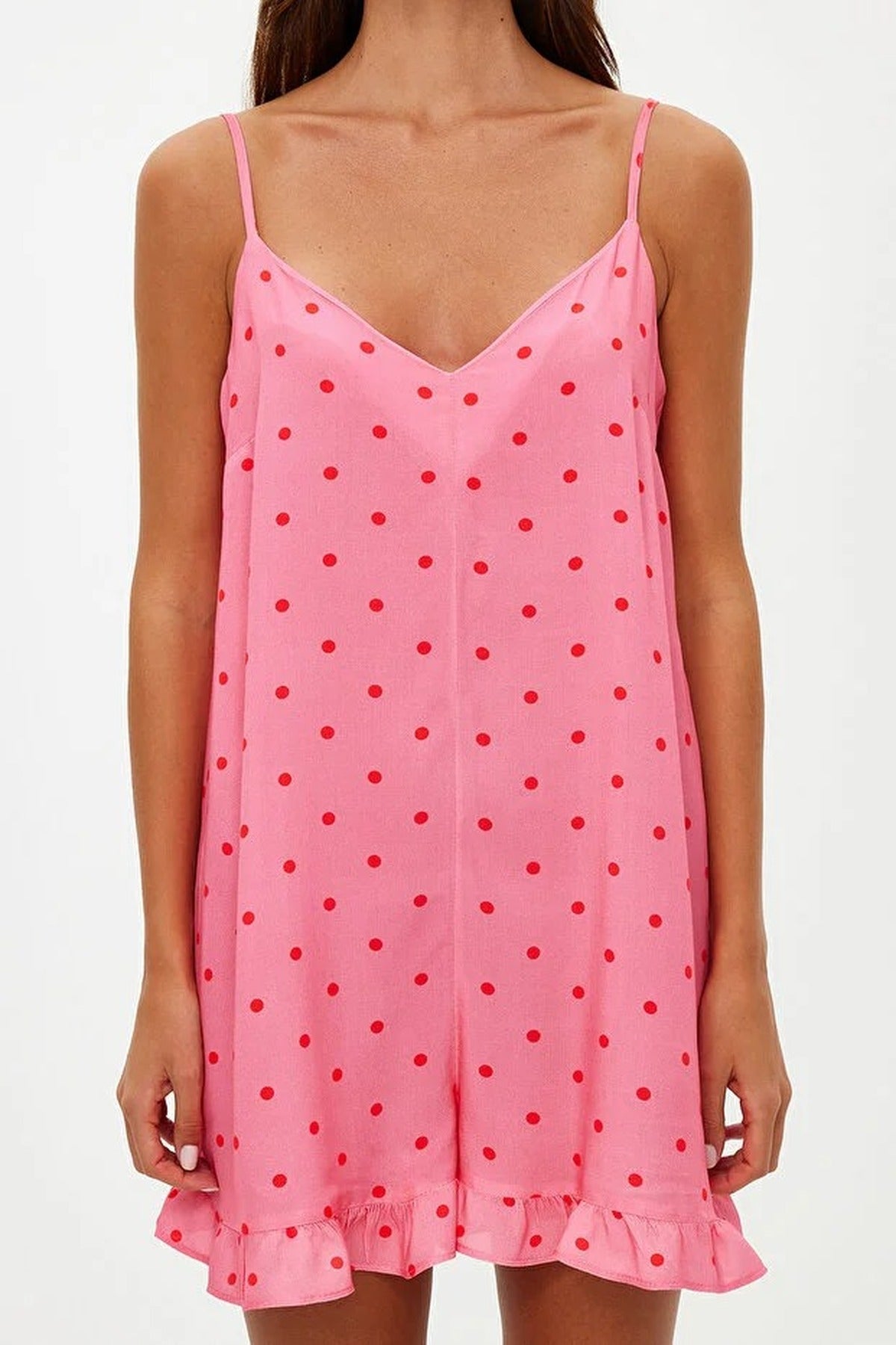 Polka Dot Ruffled Strappy Viscose Woven Playsuıt